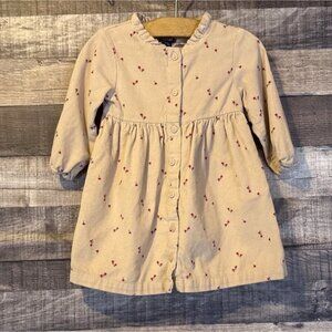 Kiabi Baby Girls Beige Corduroy Button Down‎ Red Floral Dress 12M Fall Boho